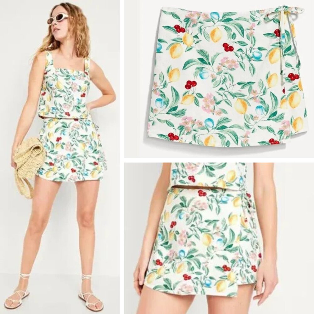 NWT OLD NAVY FRUIT PRINT FAUX-WRAP LINEN SKORT - SIZE L PETITE